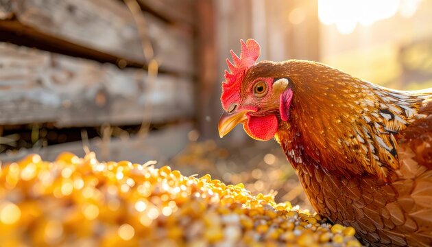 A brown hen pecks corn kernels on the ground beside a rustic barn in warm golden sunlight. - Powered by Adobe