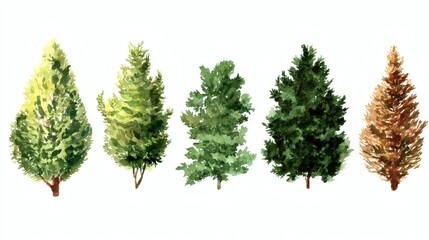 A watercolor illustration of five different trees, showcasing various shades of green and a brown tree, representing seasonal changes
