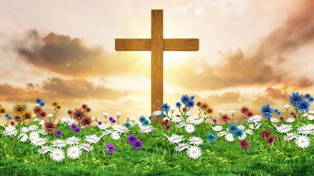 Inspirational 4K timelapse animation showing a wooden cross in a flower-filled meadow with clouds drifting overhead. Ideal for Easter, spiritual content, religious intros, nature worship themes, or ch