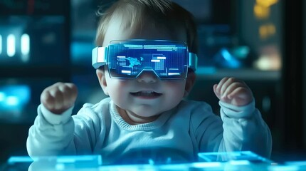 A toddler engages in online learning using futuristic technology, interacting with advanced digital interfaces. The concept of early childhood education, innovation, and the future of learning. - Powered by Adobe