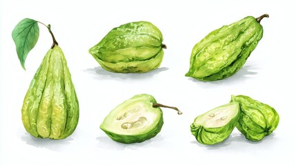 Naklejka premium A collection of green chayote fruits, showcasing different angles and a sliced view, with a leaf included