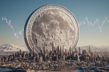 Futuristic cityscape highlights silver's economic power with digital flair. Augmented reality. Trade policy concerns drive investors to silver as safe-haven asset. Market dynamics.