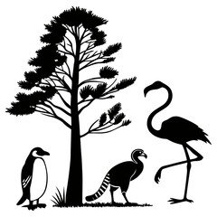 bundle of  sllhouettes pine tree penguin flamingo lemur solidblack fill not text unit,white background.optimizod foreasy tracing and vector conversion