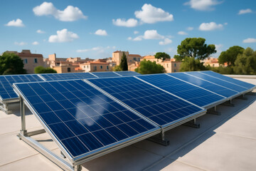 Modern solar panels installed on rooftop under clear blue sky, renewable energy technology for sustainable urban living.