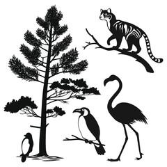 bundle of  sllhouettes pine tree penguin flamingo lemur solidblack fill not text unit,white background.optimizod foreasy tracing and vector conversion