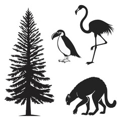 bundle of  sllhouettes pine tree penguin flamingo lemur solidblack fill not text unit,white background.optimizod foreasy tracing and vector conversion