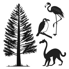 bundle of  sllhouettes pine tree penguin flamingo lemur solidblack fill not text unit,white background.optimizod foreasy tracing and vector conversion