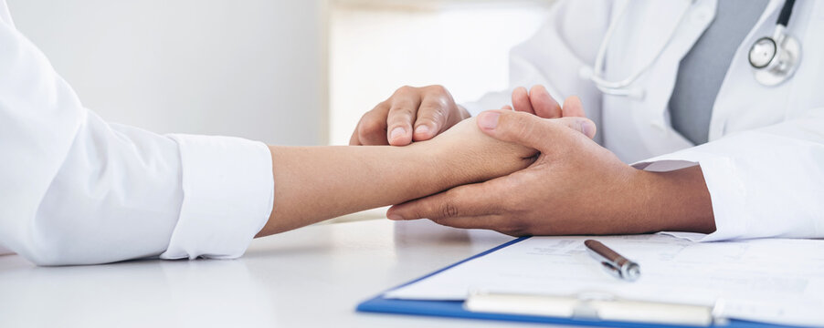 Doctor pulse measurement checking patient with examining, presenting results symptom and recommend treatment method, Healthcare and medical concept
