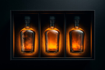 Cognac gift set mockup, elegant glowing bottles in black premium box