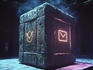 Stone-carved relic cube rotating with hovering UI projections and neon marks