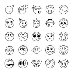 Hand drawn emoji doodle set, funny emoticons collection, cute smiley faces, cartoon expressions, black and white vector icons, sketch character emotions, line art illustration pack