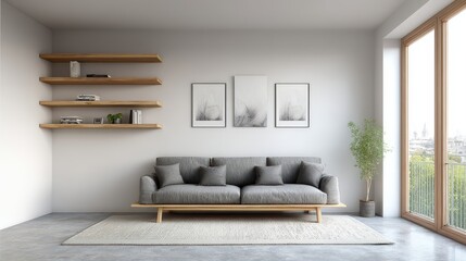 Polished cement floor living room with soft rug and clean design