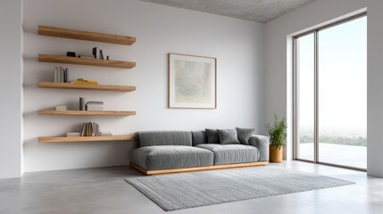 Contemporary minimal interior with built-in storage and art display