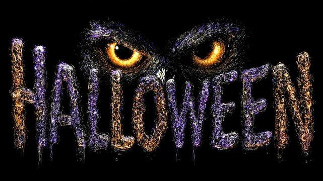 Dark background with owl eyes above a textured word, purple and gold lettering. The word drips down