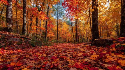 Naklejka premium Vibrant autumn forest path with golden leaves and stunning fall foliage scenery