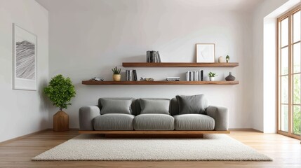 Bright airy minimalist lounge with abstract art and cement floor