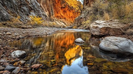 A serene river flows through a rocky canyon, reflecting vibrant orange and golden hues from the cliffs above.