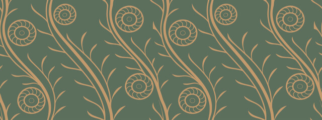 Seamless vintage floral pattern with golden abstract swirls on green background. Elegant decorative design perfect for wallpapers, textiles, and digital projects. Timeless ornamental motif for classic