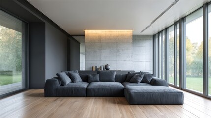 Dark gray sectional in a modern room with city view windows