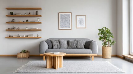 Modern minimal living room built-in wooden shelves gray sofa