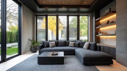 Contemporary lounge with built-in lighting large glass windows