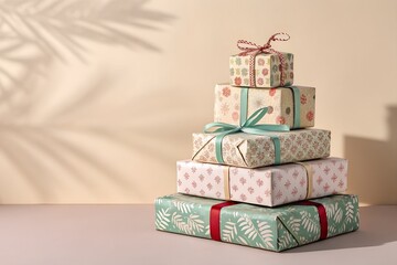 Elegant stacked gifts wrapped with floral paper and ribbons celebrate holidays with joy and anticipation