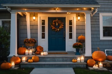 Obraz premium Cozy Autumn Farmhouse Porch with Pumpkins, Lantern, and Wreath at Golden Hour