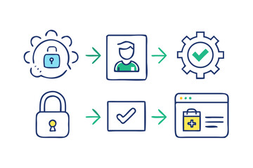 Vector art of security and user verification process with lock, person, gear on