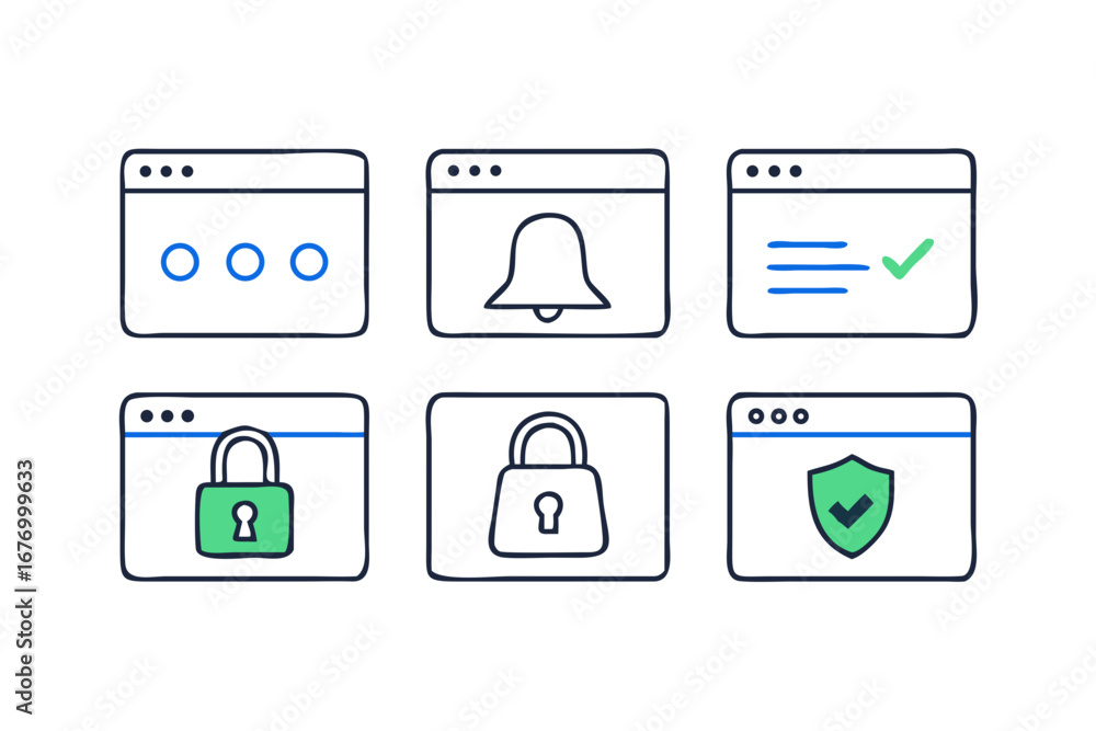 Aufkleber vector art of set of browser windows with security and notification icons on