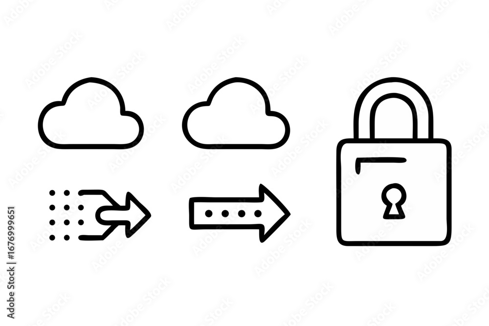 Poster vector art of set of cloud and security icons in line style