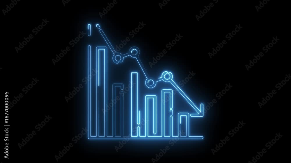 Aufkleber decreasing neon bar chart and line graph on black background showing loss