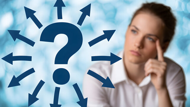 Woman pondering choices with question mark and directional arrows, seeking clarity - Powered by Adobe