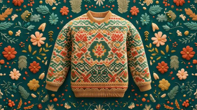 Festive Knitted Christmas Sweater with Floral Ornament Pattern