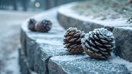 Frosty Embrace: Delicate frost crystals adorn the rugged texture of the pine cone atop a weathered stone wall, in this close-up capture, capturing the serene beauty of winter.