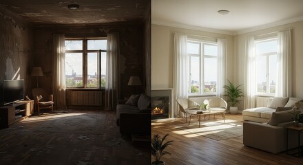 Architectural visualization showing side-by-side room transformation, comparing a worn interior to a newly renovated version filled with natural light (