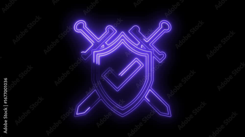 Poster Glowing neon shield with checkmark and swords animation on black background security concept