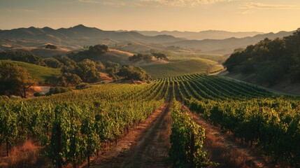 Obraz premium Serene rural landscape featuring rolling hills, lush vineyards, and a vibrant sunset sky