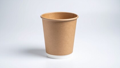 Brown disposable paper cup with white rim and interior on plain white background