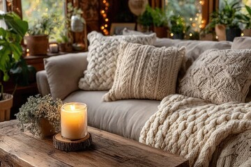 Cozy knitted throw pillows and blanket on a light beige sofa in a rustic living room with twinkling lights
