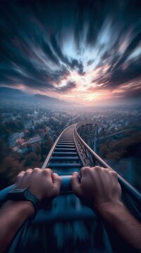 First-Person Roller Coaster Ride into a Dramatic Sunset Sky