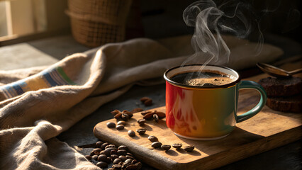 Aromatic Coffee Moment: Steaming cup of coffee, surrounded by scattered coffee beans and a cozy, inviting atmosphere, perfect for a relaxing break or moment of contemplation.