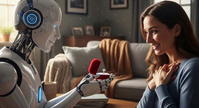 Close-up of humanoid robot holding red gift box with wedding ring, proposing marriage to happy woman standing in living room at home. Couple in love and human-robot relationship concept
