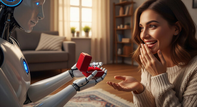 Close-up of humanoid robot holding red gift box with wedding ring, proposing marriage to happy woman standing in living room at home. Couple in love and human-robot relationship concept