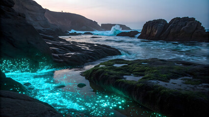 Bioluminescent Bay Shoreline: A mesmerizing nocturnal scene unfolds along the rugged coastline. The tranquil ocean and the dark silhouettes of cliffs are contrasted by vibrant.