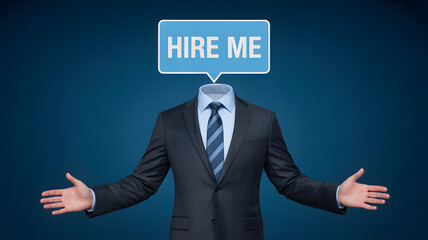 Professional seeking opportunity with open hands and 'Hire Me' message