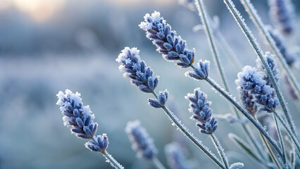 Lavender Field in the Morning Frost: Close-up captures delicate lavender flower clusters kissed by a pristine coat of morning frost, creating a serene, cool-toned display of natural beauty.