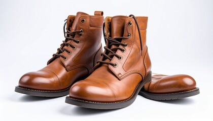 Pair of polished brown leather lace‑up boots with round toes, sturdy soles, and metal eyelets on white background, stylish and durable design