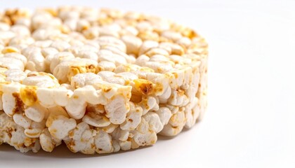 Stack of two puffed rice cakes with golden‑brown spots on white background, light airy texture and toasted surface.