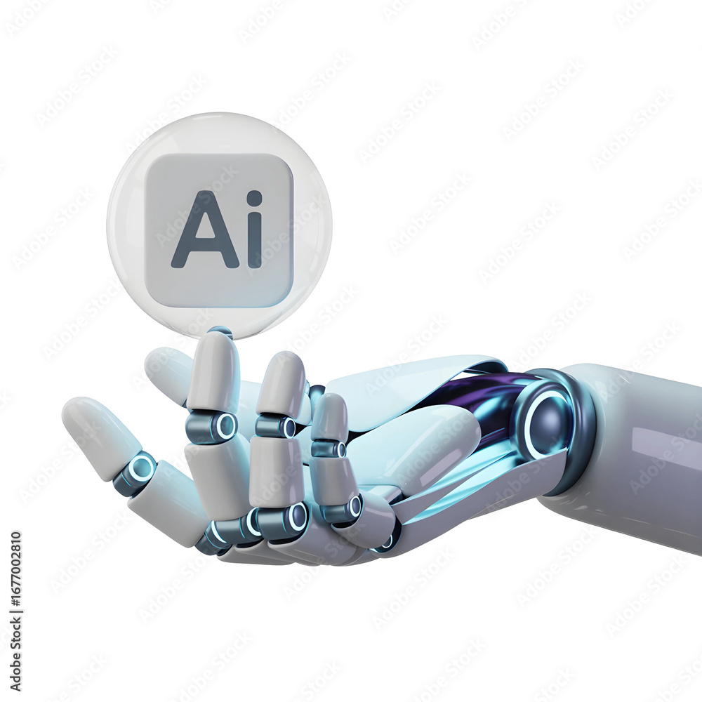 Poster 3d illustration of robot hand holding a floating ai button isolated on white background