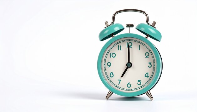 Retro turquoise analog alarm clock with twin bells and white face showing 7:00, black numbers and hands, on white background